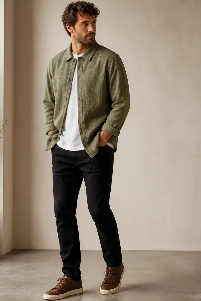A textured olive overshirt is worn over a plain white tee. The outfit includes black jeans and brown leather sneakers with cream soles. The overshirt is buttoned at the top and sleeves are slightly rolled.