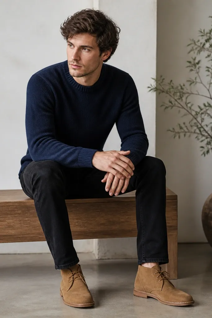 A navy crewneck sweater is paired with black jeans and tan suede chukka boots. The boots have visible stitching and the jeans end just above the boot opening. The sweater has a clean knit texture and the sleeves sit at the wrists.