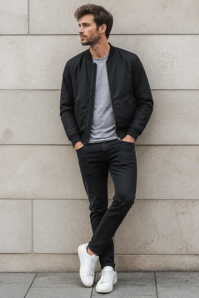 A matte black bomber jacket is worn over a gray striped t-shirt. The man wears black jeans and clean white trainers with low-profile soles. The bomber cuffs sit at the wrists and the tee shows stripes across the chest.