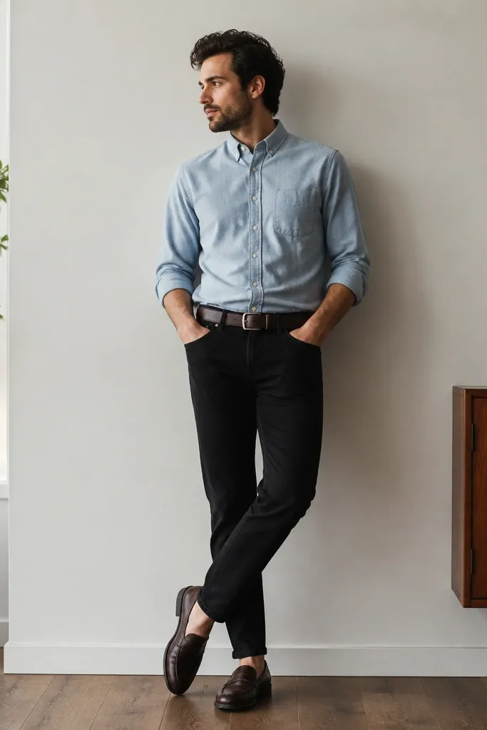 A light blue chambray button-up is worn with black jeans. A dark brown belt is visible, and the man wears dark brown loafers. The shirt is buttoned and sleeves are rolled to mid-forearm.