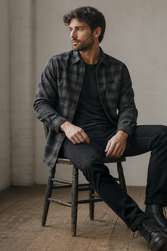 A charcoal flannel shirt with subtle plaid sits over a dark tee. The man wears black jeans and black lace-up boots with a thick sole. The flannel is left open at the front and the collar shows above the tee.