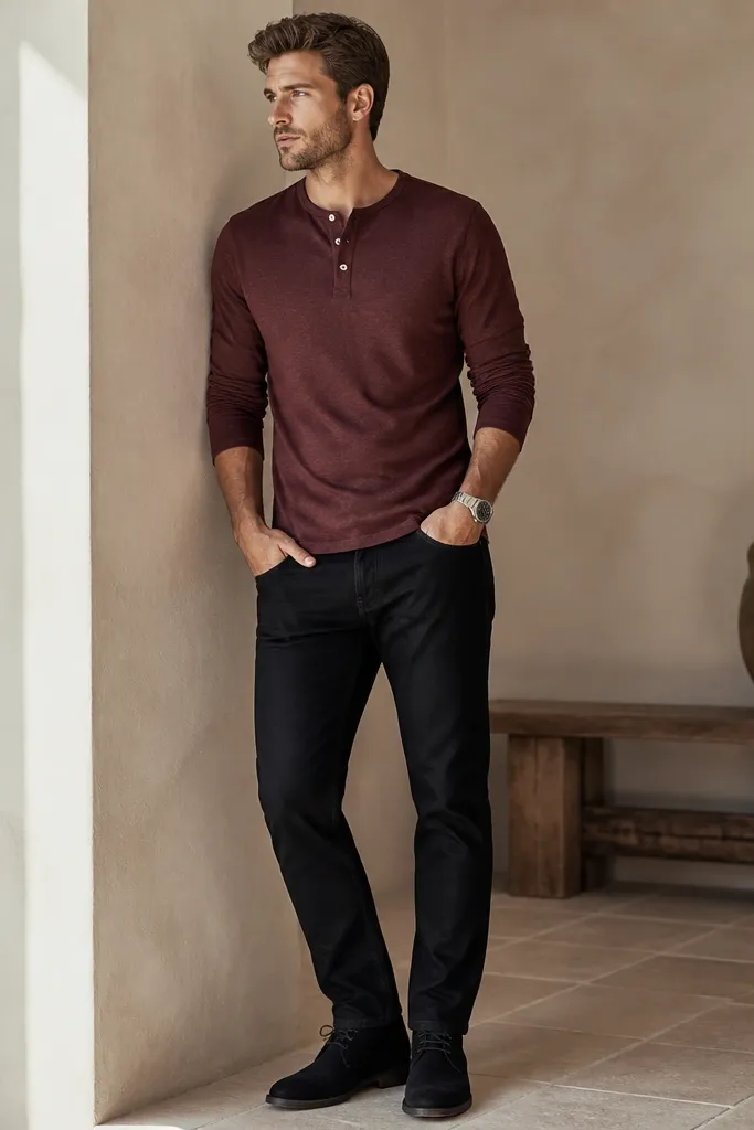 A burgundy henley with two buttons is worn untucked over black jeans. The man wears black suede desert boots and a simple silver watch. The henley has a slightly worn texture and the fabric sits flat at the waist.