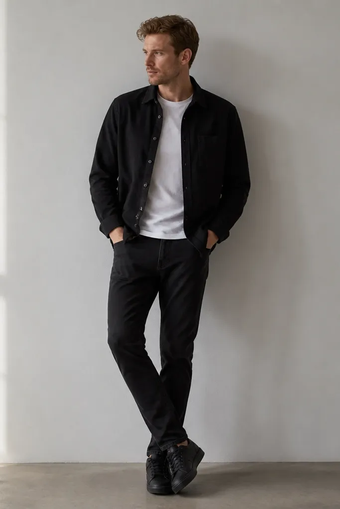 A plain white t-shirt is layered under a black overshirt with visible buttons. The man wears black jeans and black low-profile sneakers. The overshirt is unbuttoned and the hem covers the t-shirt waist.
