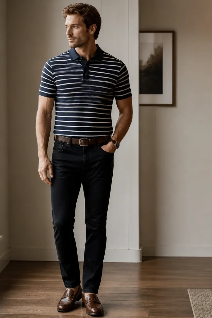 A navy-and-white striped polo shirt is worn with black jeans. The man has brown loafers on and a brown belt. The polo collar is neat and the shirt is lightly fitted through the torso.