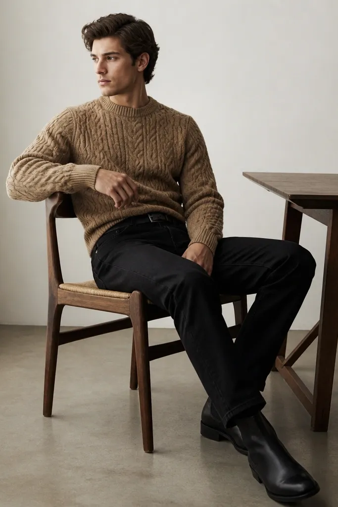 A tan cable-knit sweater is worn over black jeans. The man uses a black leather belt and black leather boots. The sweater has chunky cable texture and the cuffs sit at the wrists.