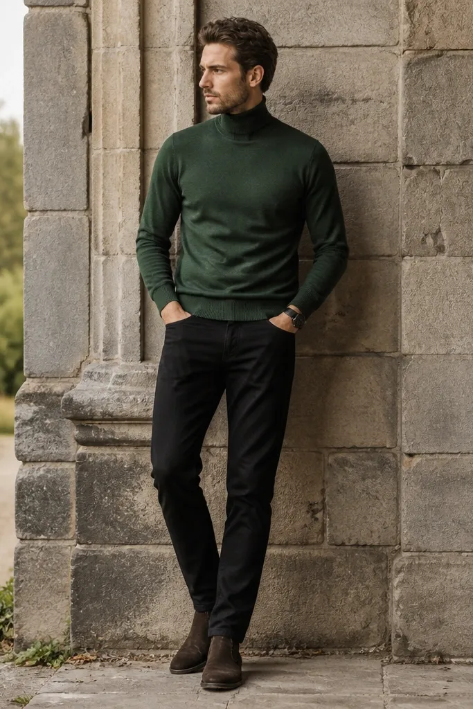 A forest green turtleneck sweater is layered with black jeans. The man wears dark brown chukka boots and a watch with a dark strap. The turtleneck sits tight at the neck and the sweater hem covers the waistband.