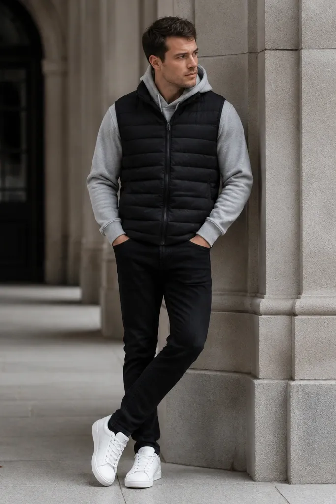 A gray hoodie is worn under a black puffer vest. The man wears black jeans and white sneakers. The hoodie sleeves show slightly at the wrists and the vest is zipped up.