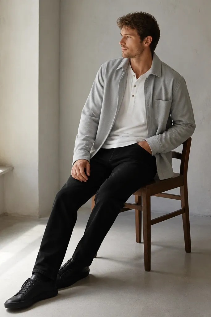 A white button-front tee is worn under a light gray overshirt. The man wears black jeans and black sneakers. The overshirt is open and the shirt placket is visible.