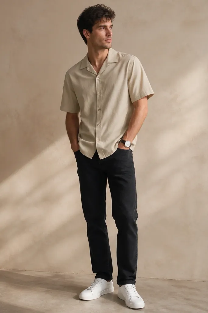 A tan short-sleeve button-up is worn with black jeans. The man wears white sneakers and a simple watch. The shirt is buttoned and has a relaxed fit with sleeves ending above the elbow.