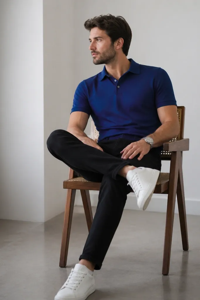 A cobalt blue knit polo with short sleeves is worn with black jeans. The man wears white leather sneakers and a silver watch. The polo collar is neat and the fabric looks thick and matte.