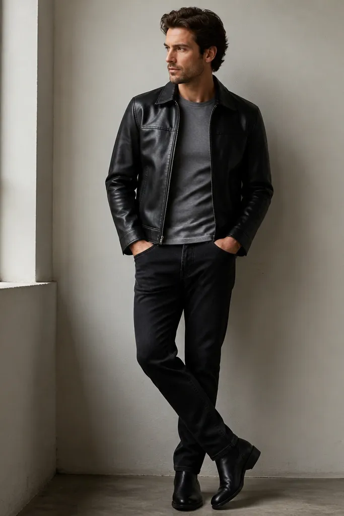 A black leather jacket is worn over a gray crew t-shirt. The man wears black jeans and black leather shoes. The leather jacket has visible seams and a slightly cropped hem.
