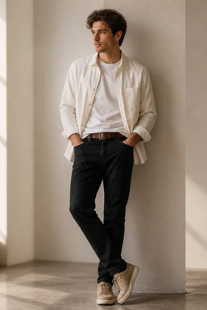 A white overshirt is worn open over a white t-shirt. The man wears black jeans and light brown sneakers. A brown leather belt is visible at the waistband.