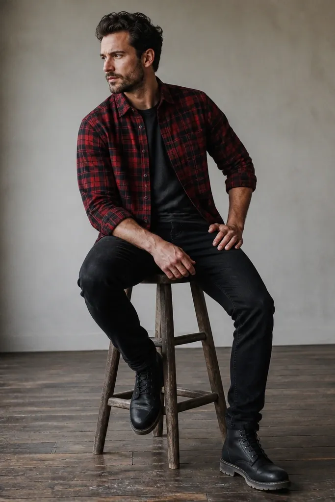 A red flannel shirt with dark plaid is worn over a dark tee. The man wears black jeans and black boots with a rugged sole. The flannel is buttoned at the top and sleeves are slightly pushed up.