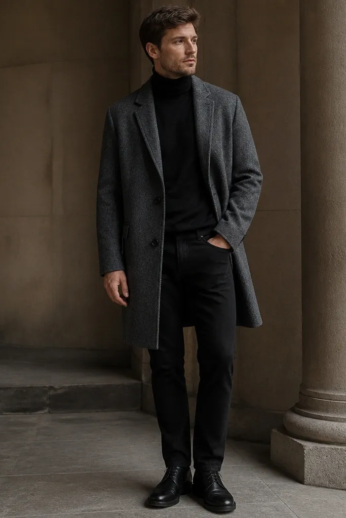 A gray wool overcoat is worn over a dark turtleneck. The man wears black jeans and black derby shoes. The coat falls below the hips and the turtleneck sits snug at the neck.