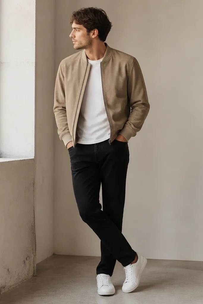A sand suede jacket is worn over a white t-shirt. The man wears black jeans and white sneakers. The suede has a matte texture and the jacket has a casual bomber cut.