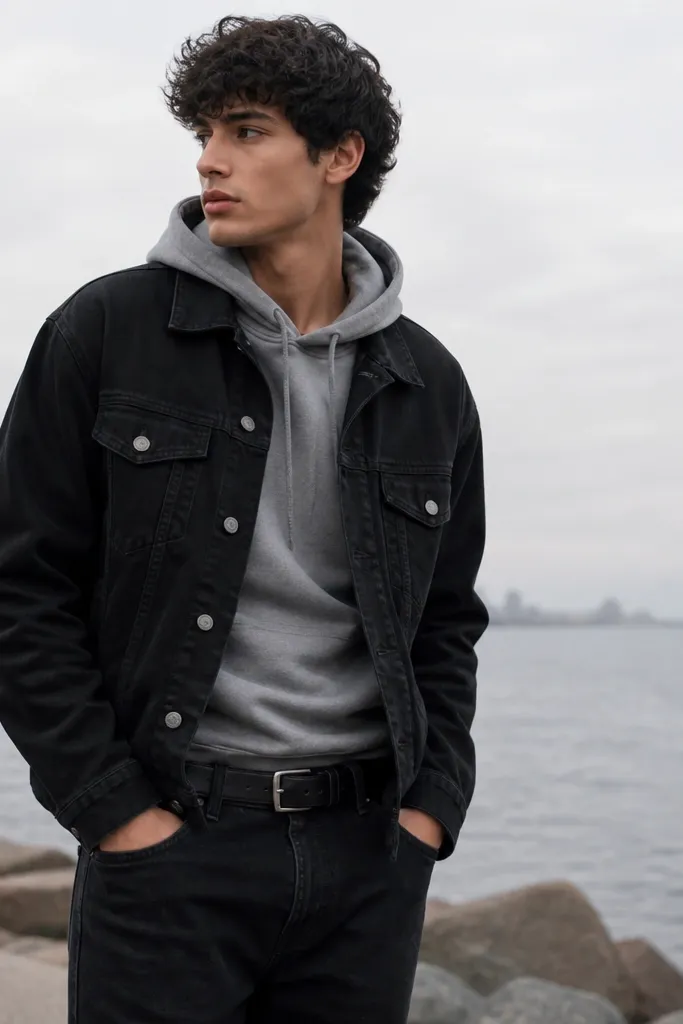 A black denim jacket is layered over a gray hoodie. The man wears black jeans and a black belt that shows at the waistband. The jacket has metal buttons and a relaxed fit.