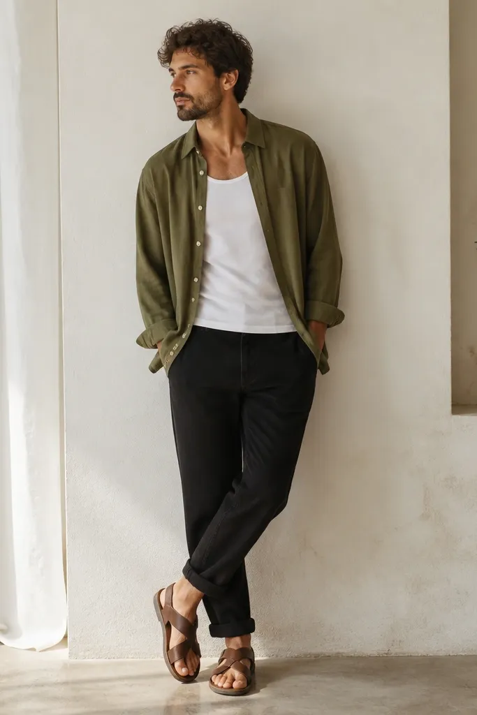 A white tank top is worn under an olive overshirt worn open. The man wears black jeans rolled at the ankle and brown leather sandals. The overshirt is light and drapes loosely.