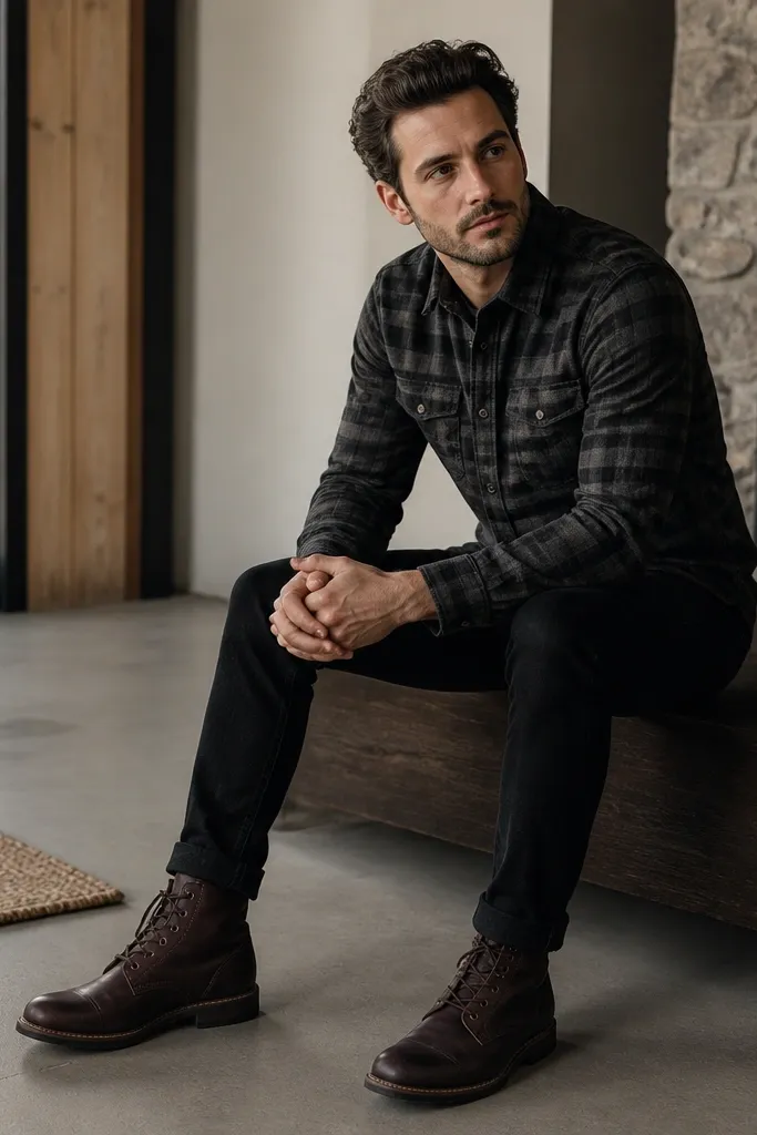 A black watch plaid button-up is worn over a dark t-shirt. The man wears black jeans and dark brown boots. The shirt is buttoned and the plaid is visible at the chest and sleeves.