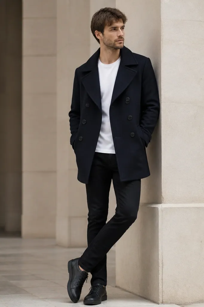 A navy peacoat is worn over a white tee. The man wears black jeans and black leather sneakers. The peacoat has wide lapels and falls to mid-thigh.