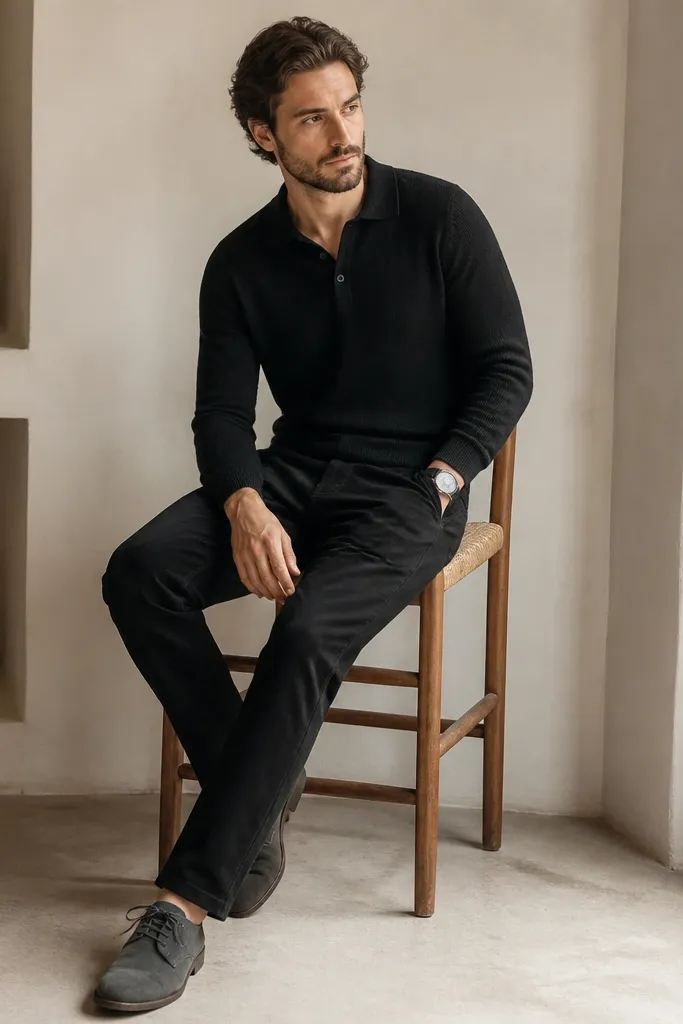 A black knit polo is worn with black jeans. The man wears gray suede derby shoes and a dark watch. The polo has a ribbed collar and the sleeves show slightly at the wrist.