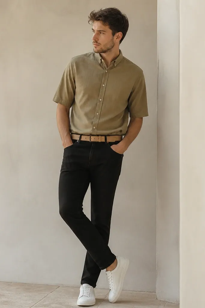A khaki short sleeve shirt is worn with black jeans. The man wears white sneakers and a tan belt. The shirt is buttoned with sleeves ending near the elbow.