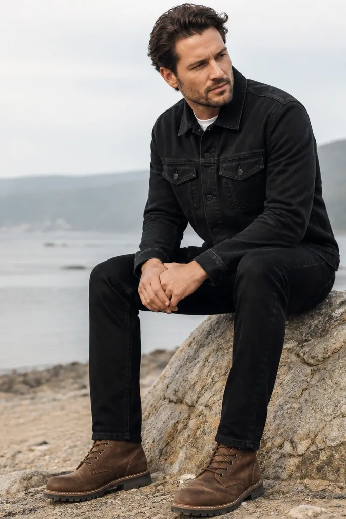 A black denim shirt jacket is layered over a white tee. The man wears black jeans and brown work boots with a rugged outsole. The jacket is buttoned and the collar sits above the tee.