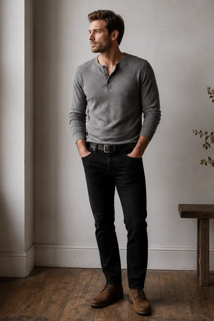 A gray henley sits over black jeans. The man wears a black leather belt and brown chukka boots. The henley has a three-button placket and a slightly worn knit texture.