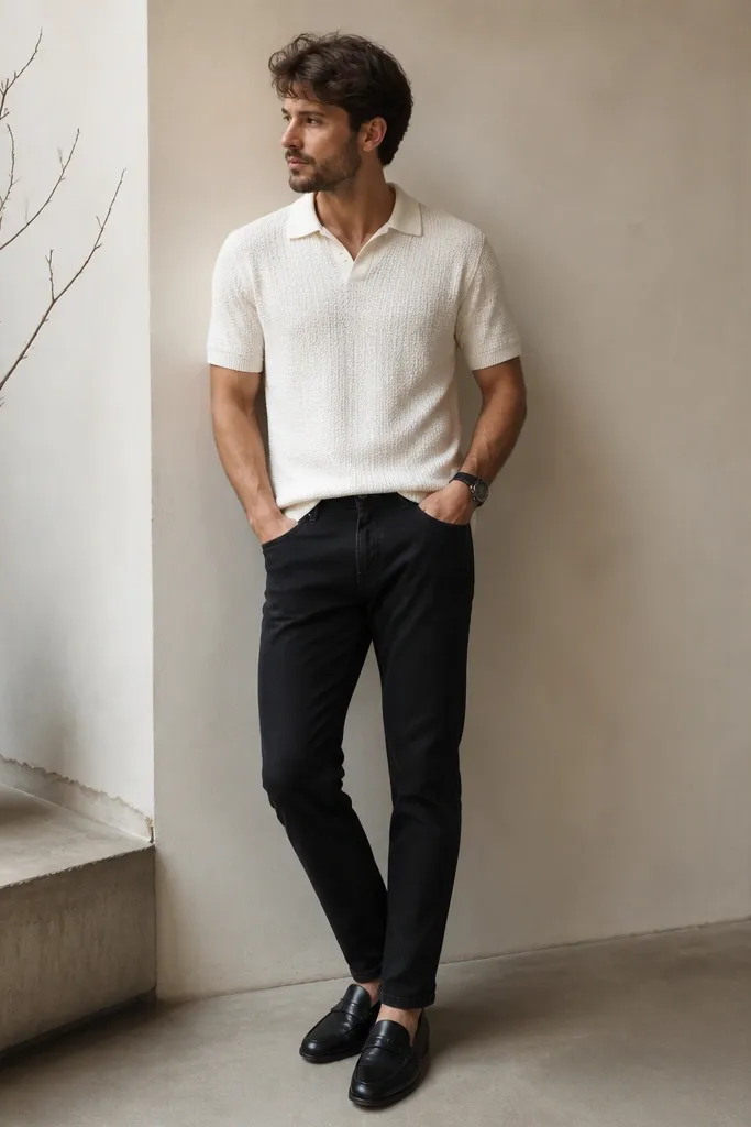 A white short-sleeve knit shirt is worn with black jeans. The man has black loafers on and a simple dark watch. The knit has a subtle texture and the shirt is tucked slightly into the jeans.