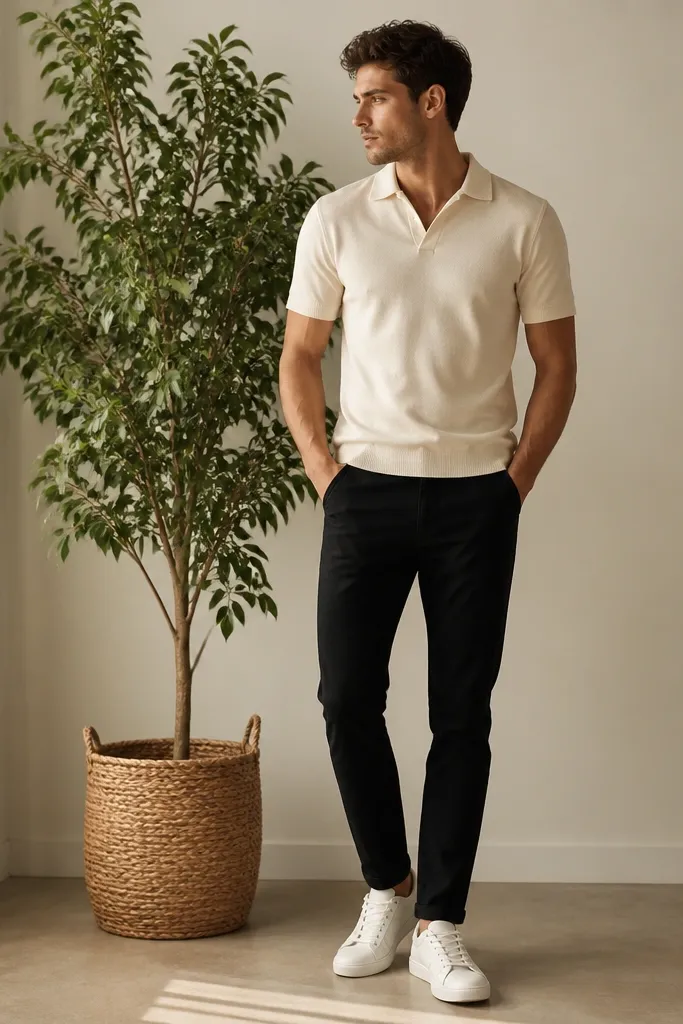 A man wearing black slim jeans with a cream short-sleeve polo. He's standing beside a tall leafy plant in a woven pot. His shoes are clean white low-top sneakers, and the polo collar is crisp with the top button left open.