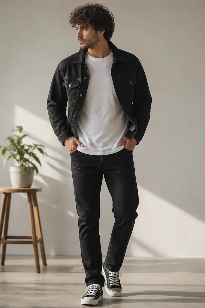 A man in black jeans with a white crew-neck t-shirt and a black denim jacket layered on top. A small potted plant sits on a stool behind him, with light hitting the jacket seams. He wears black-and-white canvas sneakers and keeps the jacket slightly open.