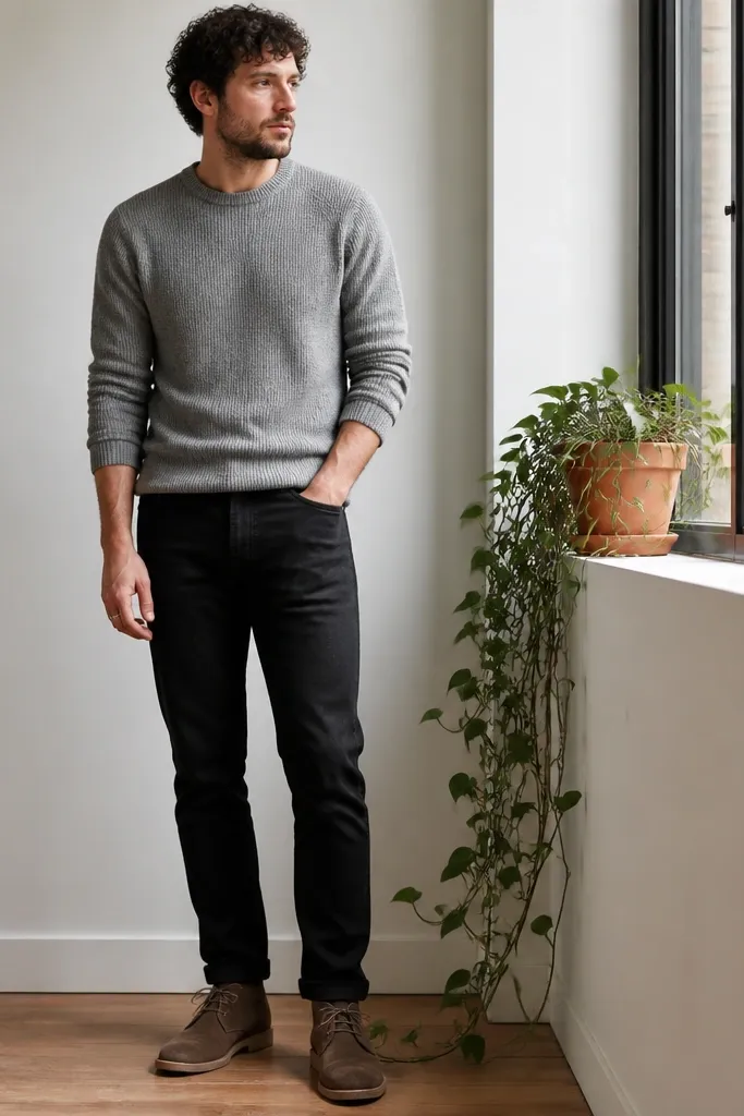 A man wearing black jeans with a heather gray knit crew sweater. A terracotta pot holds a trailing plant that drapes down. He wears brown suede desert boots and a simple silver ring, standing near a bright window.