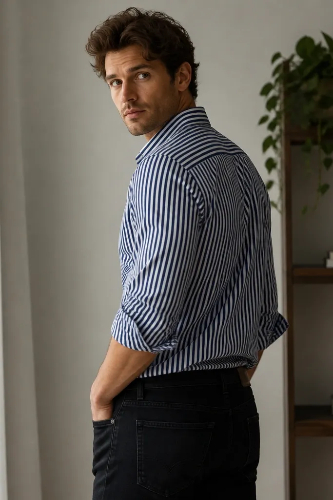 A man wearing black jeans with a navy-and-white striped button-down shirt. The sleeves are rolled to mid-forearm, and the shirt is tucked at the front with a slight gap at the back. A green plant is placed on a shelf behind him.