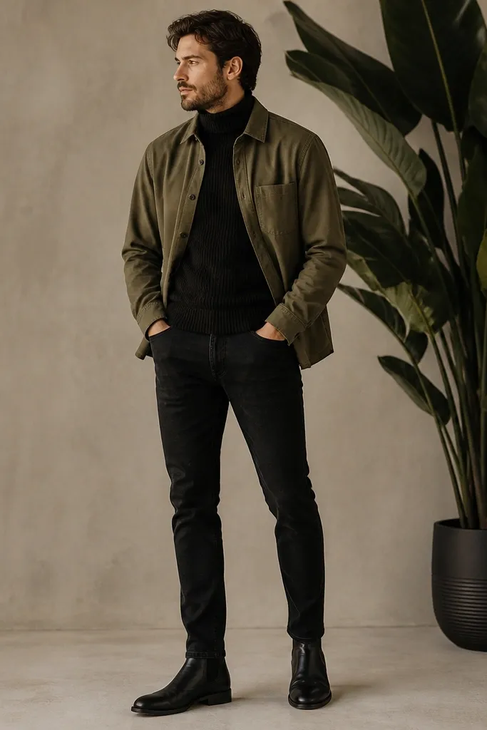 A man wearing black jeans with a black ribbed turtleneck. Over it, he has an olive overshirt layered open. A tall plant with dark green leaves sits behind him in a dark pot. He wears black leather Chelsea boots.