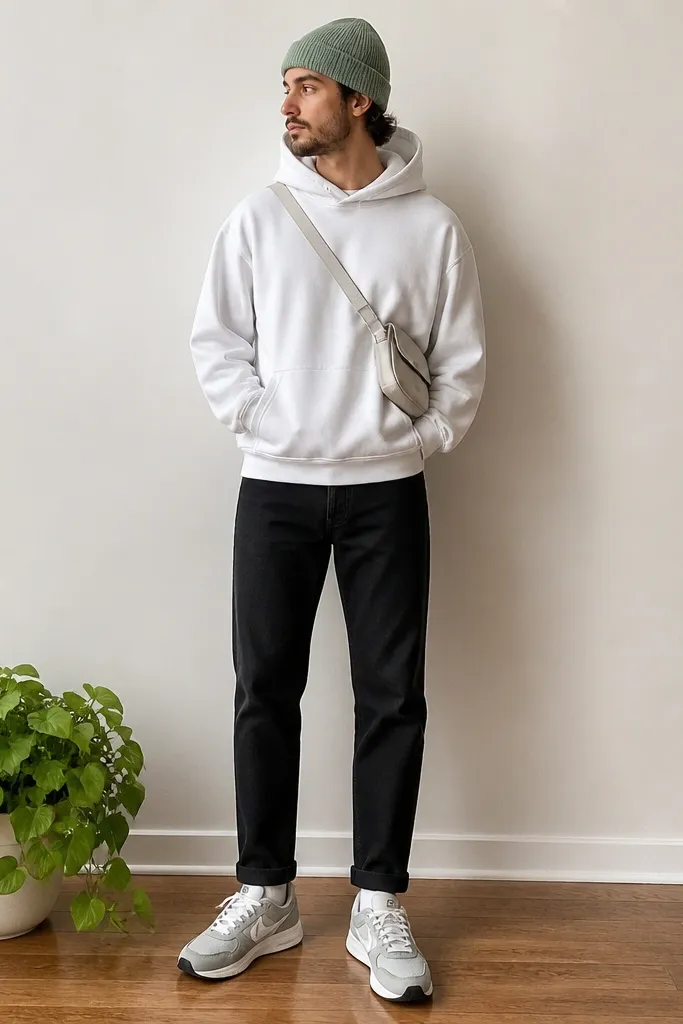 A man in black jeans wearing a white pullover hoodie. He has a sage green beanie and a light crossbody bag. A plant with bright green leaves sits on the floor near his feet, and he wears clean gray-white sneakers.