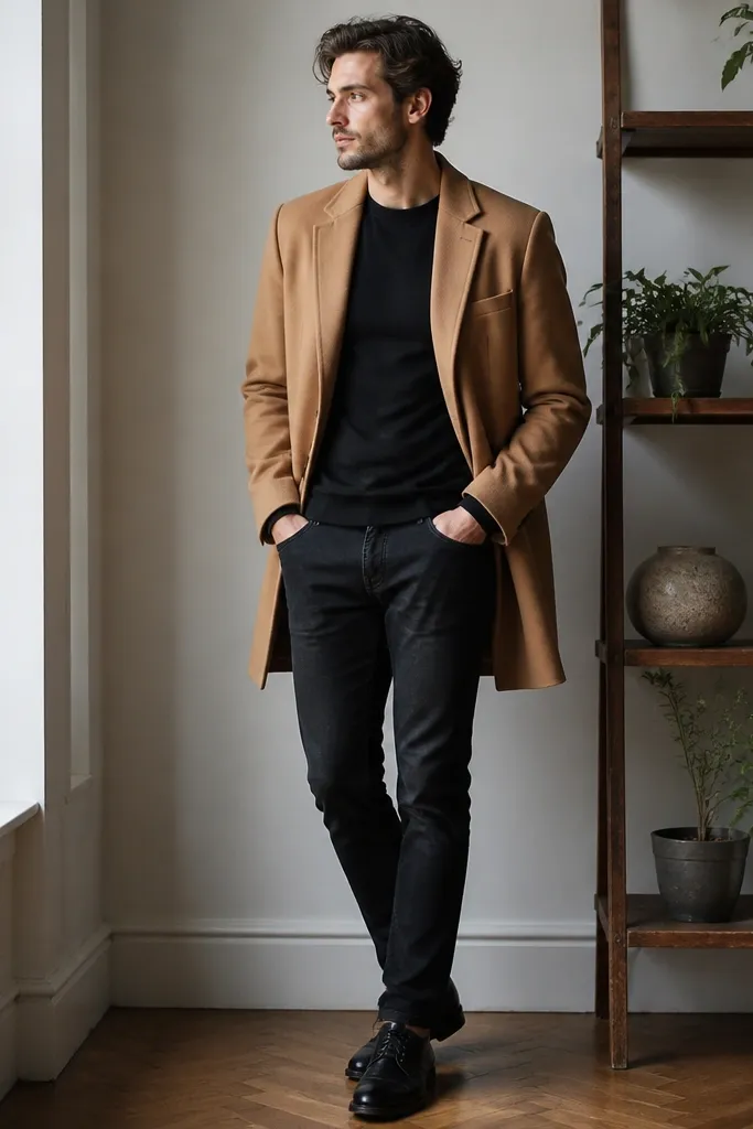 A man wearing black jeans with a camel overcoat worn open over a dark crewneck. He's standing by a shelf with several small potted plants. His shoes are dark leather lace-ups and the coat falls to mid-thigh.