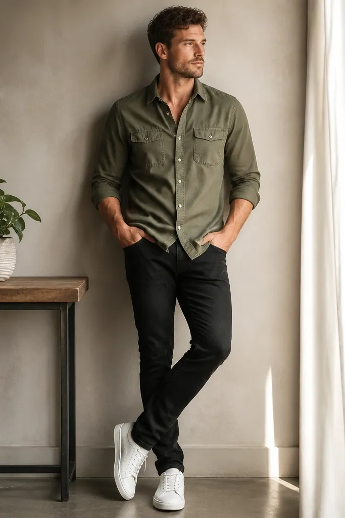 A man wearing black jeans with an olive utility shirt that has chest pockets. The shirt is buttoned up halfway and the sleeves are rolled. A small potted plant sits on a table beside him, and he wears bright white sneakers.