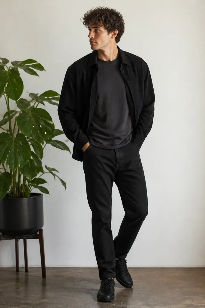 A man wearing black jeans with a charcoal long-sleeve tee layered under a black overshirt. The overshirt is open, showing a smooth neckline on the tee. He's standing in front of a green plant on a floor stand and wears black sneakers.