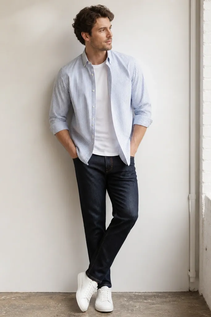 A man wearing a light-blue and navy striped button-down over a white Oxford crew tee, sleeves rolled once to mid-forearm, paired with dark indigo jeans and white low-top sneakers; the shirt is slightly unbuttoned at the top.