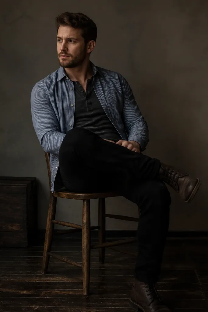 A man layered in a blue striped button-down worn over a charcoal henley, collar slightly open, sleeves down, paired with black jeans and dark brown boots; lighting is low and moody.