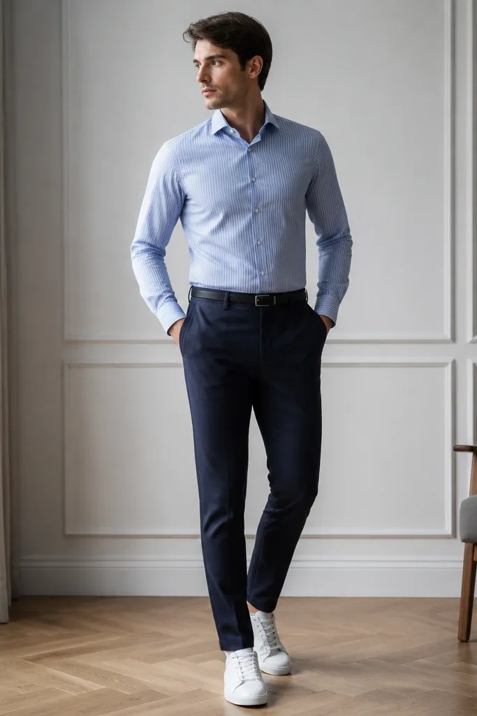 A man full-tucking a blue striped dress shirt into navy tailored trousers, wearing white sneakers and a thin black belt; shirt front is smooth, no wrinkles.