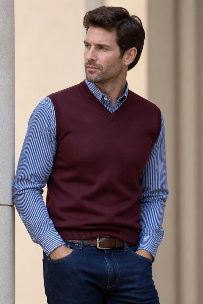 A man wearing a burgundy sweater vest layered over a blue striped button-down, collar peeking out, sleeves down, with dark jeans and a leather belt.