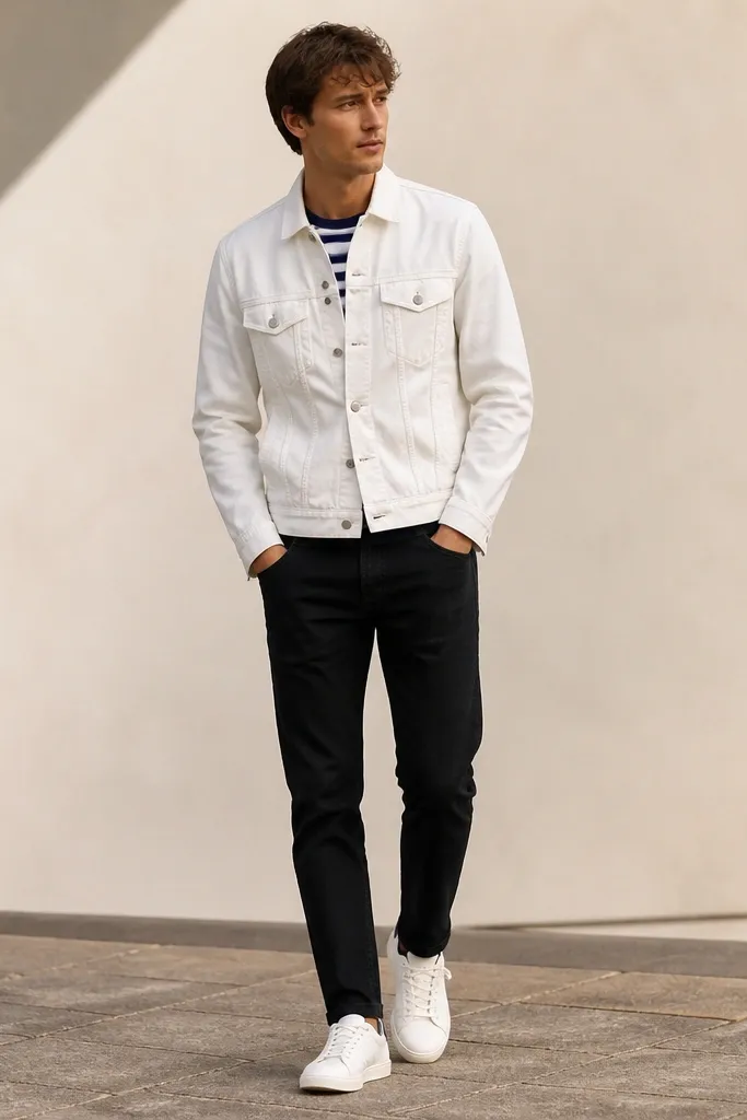 A man layered with a white denim jacket over a blue striped shirt, black jeans, and white sneakers; jacket buttons are closed and the stripe pattern shows at the chest.