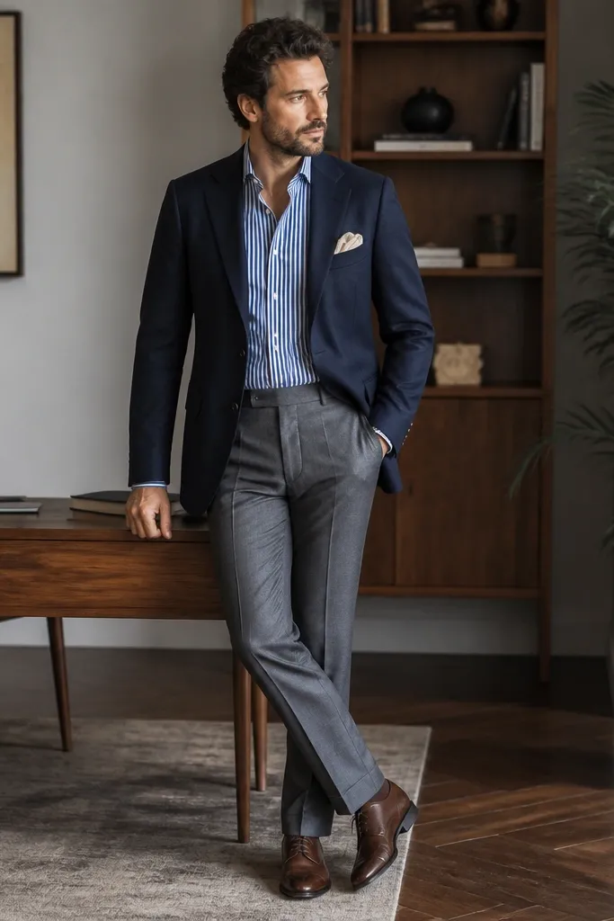 A man wearing a navy blazer over a blue striped shirt, pocket square folded in cream, with gray trousers and brown leather shoes; indoor office setting.
