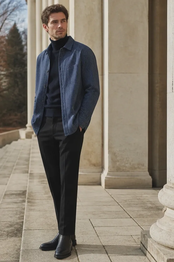 A man in a black turtleneck layered under a blue striped overshirt, with dark trousers and black Chelsea boots; winter light.