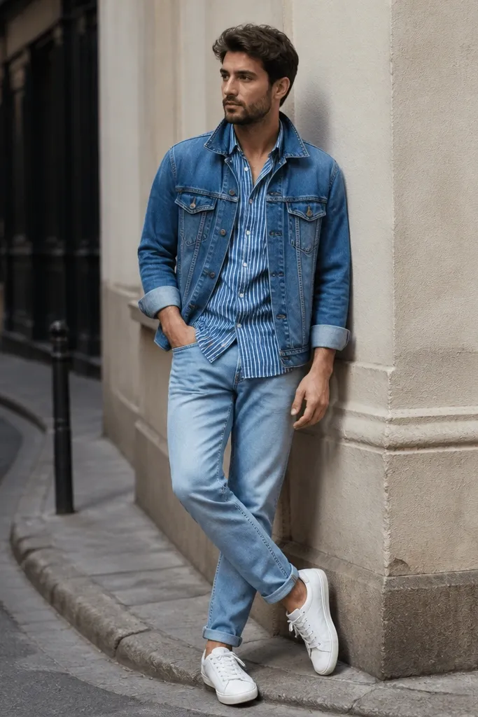 A man wearing a blue striped shirt under a mid-wash denim jacket, sleeves rolled twice, with light blue jeans and white sneakers; casual street corner.
