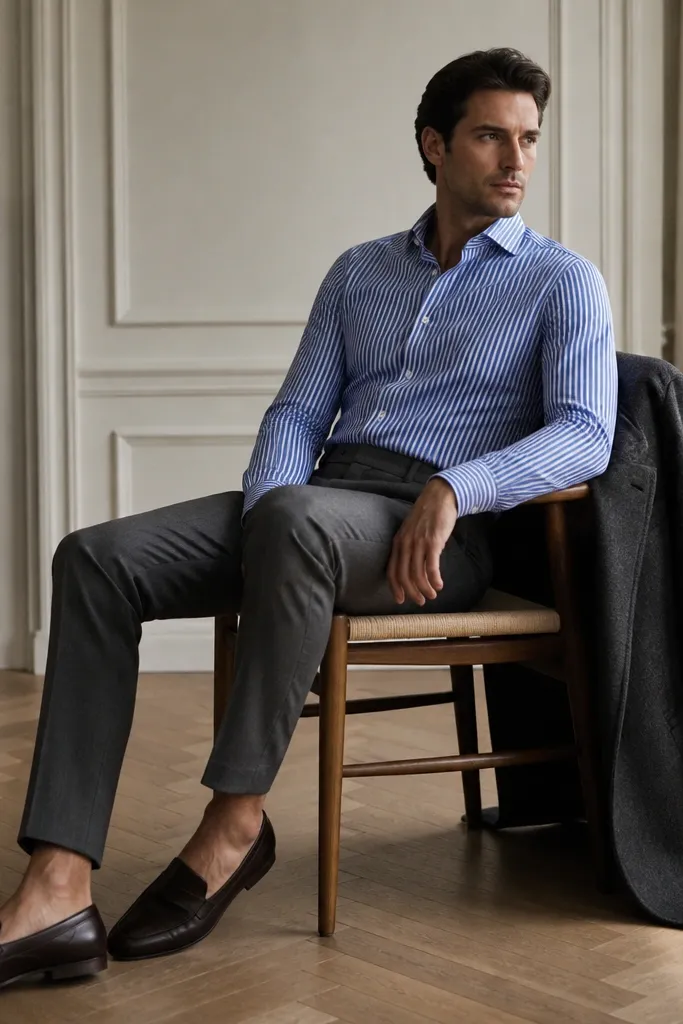 A man wearing a blue striped shirt with realised collar, tucked into gray flannel trousers, with dark loafers and a wool overcoat draped on the chair nearby.