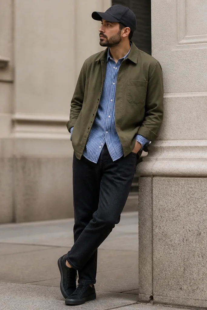 A man wearing a blue striped shirt underneath an olive overshirt, layered with black jeans and black sneakers; casual street look with cap.