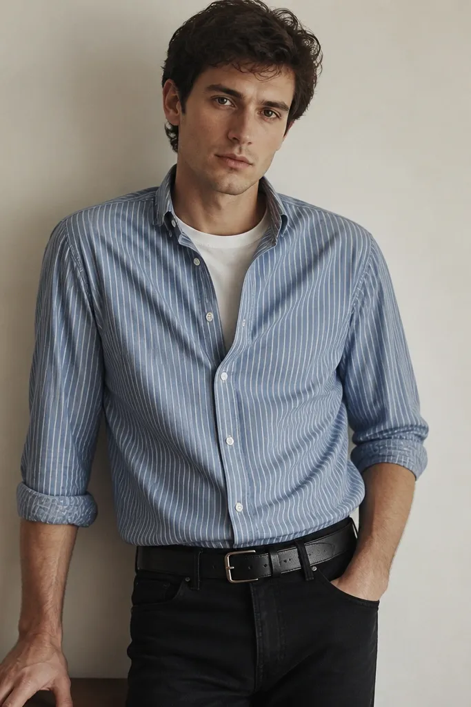 A man wearing a blue striped shirt over a white tee, buttoned at the bottom layer, slim black jeans, and a wide black leather belt; minimal accessories.