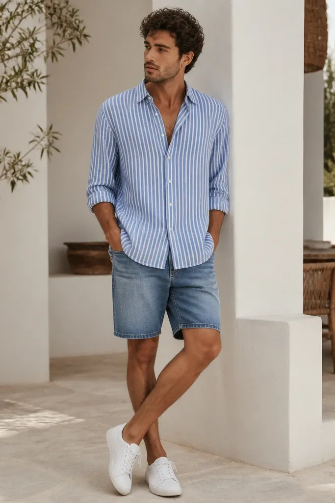 A man wearing a blue striped button-down untucked over medium-wash denim shorts, with white sneakers and a simple chain necklace; outdoor patio.