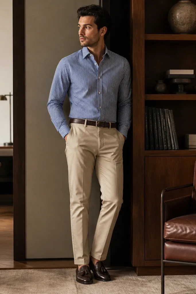 A man wearing a blue striped shirt tucked into khaki trousers, tassel loafers in dark brown, and a matching belt; indoor warm lighting.